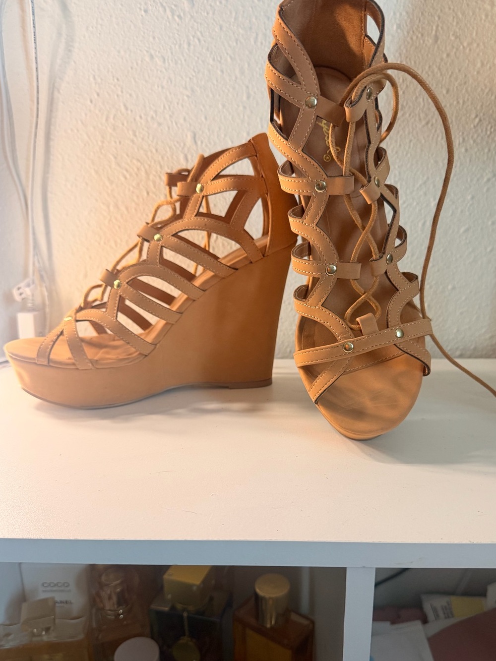 Qupid Tan Lace-Up Gladiator Wedge Sandals